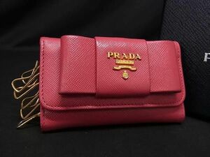 1円 ■美品■ PRADA プラダ サフィアーノレザー リボン 6連 キーケース 鍵 レディース ピンク系 AT9469