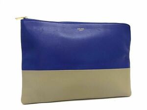 1円 ■美品■ CELINE セリーヌ レザー バイカラー クラッチバッグ セカンドバッグ マルチケース ブルー系×グレー系 AV5360