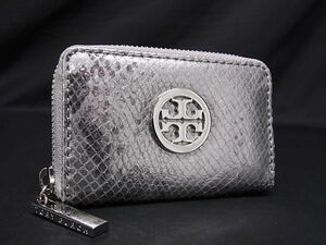 1円 ■美品■ TORY BURCH トリーバーチ パイソン型押しレザー ラウンドファスナー コインケース コインパース 小銭入れ シルバー系 AV4723