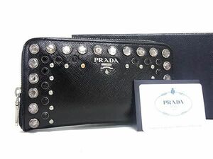 1円 PRADA プラダ サフィアーノレザー ビジュー ラウンドファスナー 長財布 ウォレット 小銭入れ レディース ブラック系 AY0392