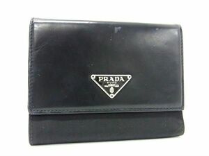 1円 PRADA プラダ レザー×テスートナイロン 三つ折り 財布 ウォレット 小銭入れ 札入れ カード入れ レディース メンズ ブラック系 AW1959