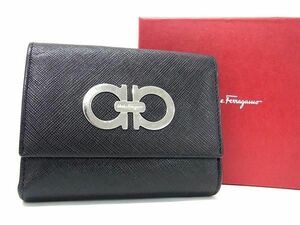 1円 Salvatore Ferragamo フェラガモ ダブルガンチーニ レザー 二つ折り 財布 ウォレット 小銭入れ 札入れ ブラック系 AW2522