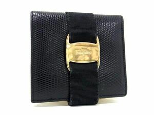 1円 ■美品■ Salvatore Ferragamo フェラガモ ヴァラ リザード型押しレザー 二つ折り 財布 ウォレット レディース ブラック系 AU8645