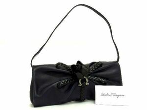 1円 ■新品同様■ Salvatore Ferragamo フェラガモ ガンチーニ レザー 花 フラワー ハンドバッグ ショルダー ダークネイビー系 AX1131