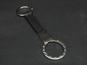 1円 BVLGARI ブルガリブルガリ レザー キーリング キーホルダー チャーム メンズ レディース ブラック系×シルバー系 AU5773