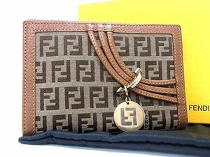 1円 ■美品■ FENDI フェンディ ズッカ柄 ズッキーノ キャンバス×レザー 二つ折り 財布 ウォレット レディース ブラウン系 AX2265