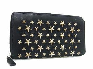 1円 JIMMY CHOO ジミーチュウ スタースタッズ レザー ラウンドファスナー 長財布 ウォレット 小銭入れ 札入れ ブラック系 AX1927