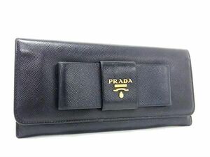 1円 ■美品■ PRADA プラダ サフィアーノレザー リボン 二つ折り 長財布 ウォレット レディース ブラック系 AX2503