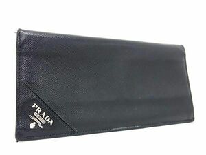 1円 PRADA プラダ サフィアーノレザー 二つ折り 長財布 ウォレット メンズ レディース ブラック系 AX2267