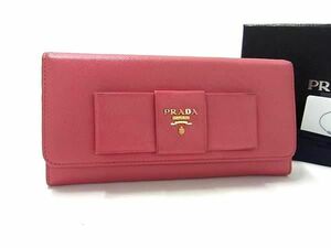 1円 ■美品■ PRADA プラダ 1M1132 サフィアーノレザー リボン 二つ折り 長財布 ウォレット レディース ピンク系 AW2233