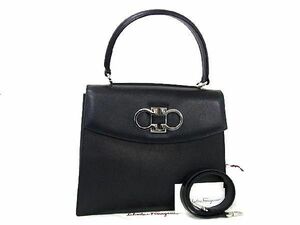 1円 ■美品■ Salvatore Ferragamo フェラガモ AF-21 4829 ダブルガンチーニ レザー 2WAY ショルダー ハンドバッグ ブラック系 AX3613