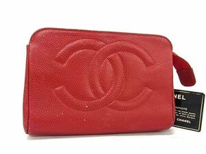 1円 ■美品■ CHANEL シャネル ココマーク キャビアスキン ポーチ マルチケース 小物入れ レディース レッド系 AU9645