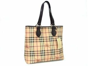 1円 ■美品■ BURBERRY バーバリー ノバチェック PVC×レザー ハンドバッグ トートバッグ レディース ベージュ系×ブラウン系 AX3438