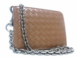 1円 BOTTEGA VENETA ボッテガヴェネタ イントレチャート レザー チェーン 二つ折り 財布 ウォレット 札入れ メンズ ブラウン系 AR7646