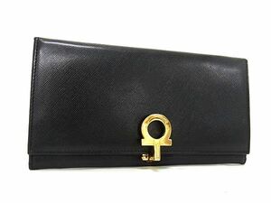 1円■美品■ Salvatore Ferragamo フェラガモ AQ-220120 ガンチーニ レザー 二つ折り 長財布 ウォレット 札入れ ブラック系 BG8152