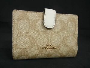 1円 ■美品■ COACH コーチ F23553 シグネチャー PVC×レザー 二つ折り 財布 ウォレット レディース ベージュ系×ホワイト系 AU8614