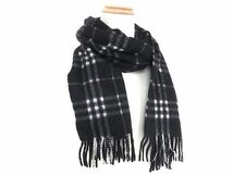 1円 ■新品同様■ BURBERRY バーバリー カシミア100% フリンジ マフラー ストール メンズ レディース ブラック系×ホワイト系 AS9987_画像2