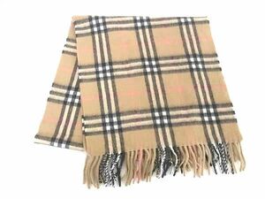 1円 ■新品同様■ BURBERRY バーバリー ノバチェック カシミヤ100％ フリンジ マフラー ストール レディース メンズ ブラウン系 AS8519