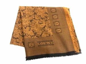 1円 ■美品■ LOEWE ロエベ アナグラム フリンジ フラワー 花 大判 総柄 スカーフ ストール ショール ブラウン系×ブラック系 AX1527