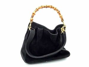 1円 GUCCI グッチ 001 1014 1638 バンブー スエード×レザー 2WAY ハンドバッグ ショルダー レディース ブラック系 BI1121