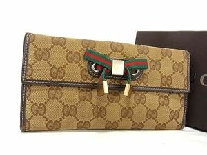 1円 GUCCI グッチ シェリーライン GG柄 GGキャンバス×レザー リボン 二つ折り 長財布 ウォレット 小銭入れ 札入れ ブラウン系 AV6937