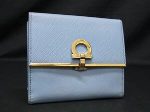 1円 Salvatore Ferragamo フェラガモ JL-22 4639 ガンチーニ レザー 二つ折り 財布 ウォレット 小銭入れ 札入れ ライトブルー系 AZ0290