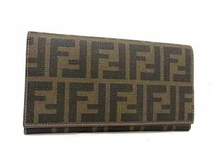 1円 ■美品■ FENDI フェンディ ズッカ柄 PVC×レザー 二つ折り 長財布 ウォレット レディース メンズ ブラウン系 BG8245