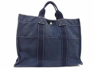 1円 HERMES エルメス ドーヴィルMM キャンバス シルバー金具 ハンドバッグ トートバッグ レディース ネイビー系 AX2846