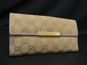 1円 GUCCI グッチ GGキャンバス×レザー ホック 二つ折り 長財布 ウォレット 札入れ 小銭入れ ブラウン系×ライトパープル系 FA0833