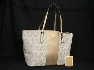 1円 ■極美品■ MICHAEL KORS マイケルコース MK柄 PVC トートバッグ ショルダーバッグ肩掛けかばん レディース アイボリー系 AV6092