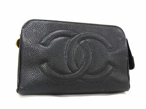 1円 ■美品■ CHANEL シャネル ココマーク キャビアスキン ポーチ マルチケース 小物入れ レディース メンズ ブラック系 BG7753