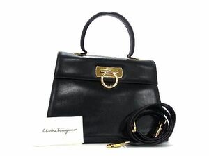 1円 ■美品■ Salvatore Ferragamo フェラガモ ガンチーニ レザー 2WAY ハンドバッグ ショルダーバッグ レディース ブラック系 AX3336