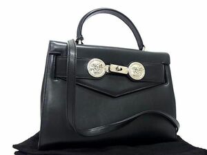 1円 ■美品■ GIANNI VERSACE ジャンニ ヴェルサーチ メデューサ レザー 2WAY ハンドバッグ ショルダー ブラック系 AX3471