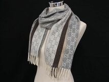 1円 ■極美品■ GUCCI グッチ GG柄 フリンジ マフラー ストール ショール レディース グレー系 AX2638_画像2