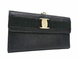 1円 ■美品■ Salvatore Ferragamo フェラガモ ヴァラ リザード型押しレザー がま口 三つ折り 長財布 ウォレット ブラック系 FA0827