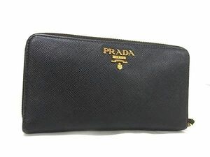 1円 ■美品■ PRADA プラダ サフィアーノレザー ラウンドファスナー 二つ折り 長財布 ウォレット メンズ レディース ブラック系 AX3896