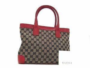 1円 GUCCI グッチ 002 1119 1705 GG柄 GGキャンバス×レザー トート ハンドバッグ ショルダー レディース グレー系×レッド系 AV7021