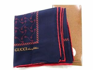 1円 ■新品■未使用■ GUCCI グッチ シルク100% 大判 スカーフ ストール ショール レディース ネイビー系×レッド系 AU6927