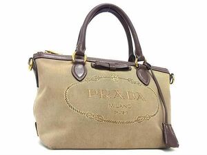 1円 PRADA プラダ ジャガード×レザー リボン ハンドバッグ トートバッグ レディース ブラウン系 BJ0531