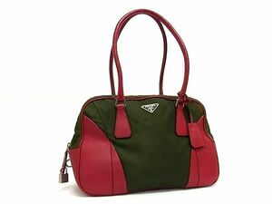 1円 PRADA プラダ テスートナイロン×レザー ハンドバッグ トートバッグ レディース カーキ系×レッド系 AV6438