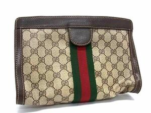 1円 ■美品■ GUCCI グッチ シェリーライン GG柄 PVC×レザー クラッチバッグ セカンドバッグ メンズ ベージュ系 BJ0696