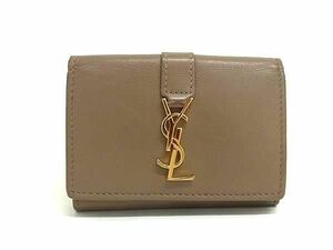 1円 YVESSAINTLAURENT イヴサンローラン カサンドラ レザー 三つ折り 財布 ウォレット ブラウン系 FA0908