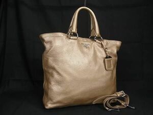 1円 PRADA プラダ レザー 2WAY ハンドバッグ トート ショルダー 肩掛け レディース ゴールド系 BJ0451