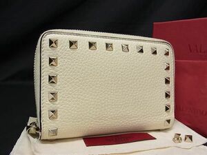 1円 VALENTINO GARAVANI ヴァレンティノ ガラヴァーニ ロックスタッズ レザー ラウンドファスナー 財布 ウォレット アイボリー系 BJ0779