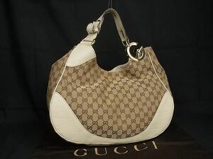 1円 ■美品■ GUCCI グッチ 203504 502752 GG柄 GGキャンバス×レザー ハンドバッグ ショルダー 肩掛け ブラウン系×アイボリー系 AX3061