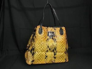 1円 GIORGIO ARMANI ジョルジオアルマーニ パテントレザー パイソン調 トート ハンドバッグ ショルダー 肩掛け イエロー系 AV7295