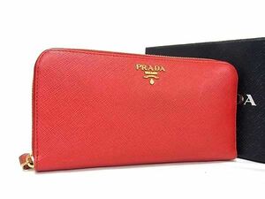 1円 ■美品■ PRADA プラダ サフィアーノレザー ラウンドファスナー 長財布 ウォレット 小銭入れ 札入れ レディース レッド系 FA0520