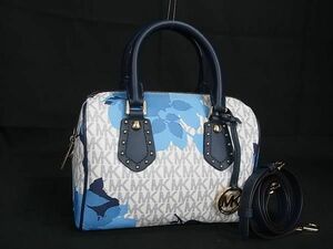 1円 MICHAEL KORS マイケルコース MK柄 PVC×レザー スタッズ 2WAY ハンドバッグ トート ショルダー ホワイト系×ネイビー系 BJ0206