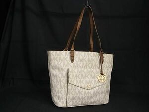 1円 ■美品■ MICHAEL KORS マイケルコース MK柄 PVC×レザー トートバッグ ショルダー 肩掛け レディース アイボリー系×レザー BG7162