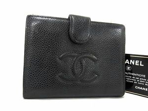 1円 CHANEL シャネル ココマーク キャビアスキン がま口 二つ折り 財布 ウォレット メンズ レディース ブラック系 AV8024